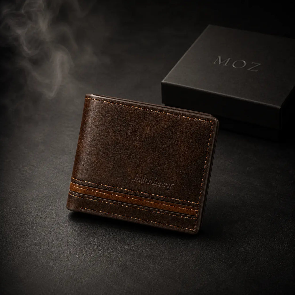 Dark brown bifold wallet with stripe accent and MOZ gift box
