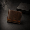 Dark brown bifold wallet with stripe accent and MOZ gift box
