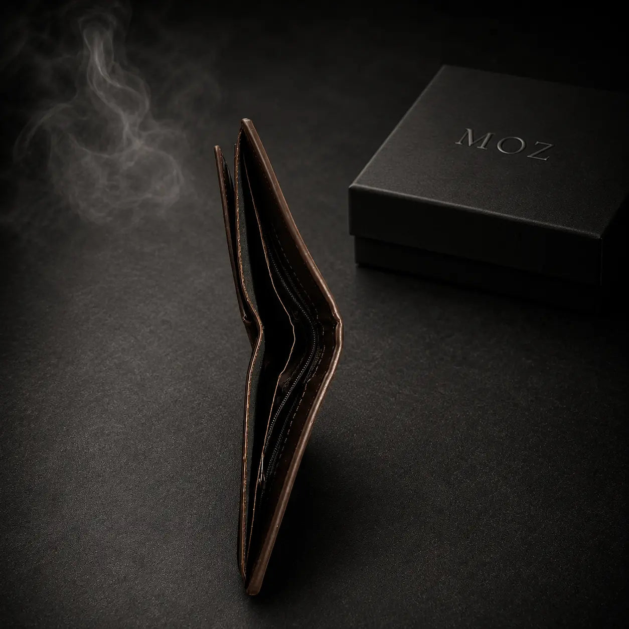 Dark brown bifold wallet edge view showing interior compartments