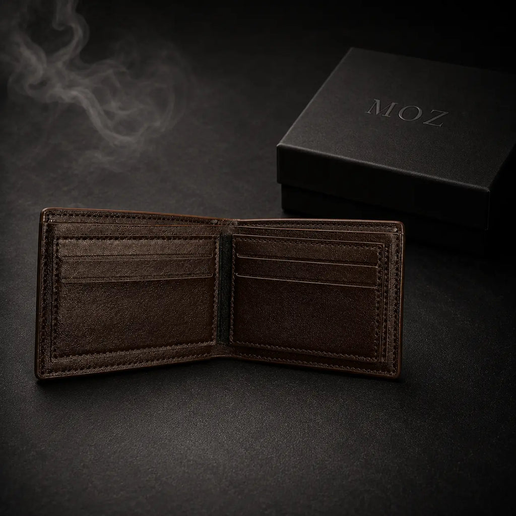 Dark brown bifold wallet open showing multiple card slots