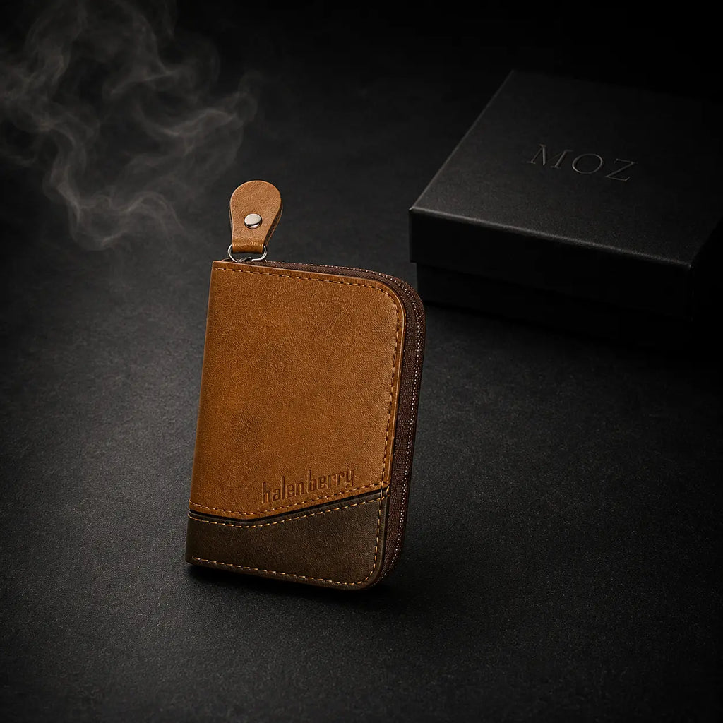 Tan and dark brown two-tone zip card pouch with keyring clip and MOZ gift box
