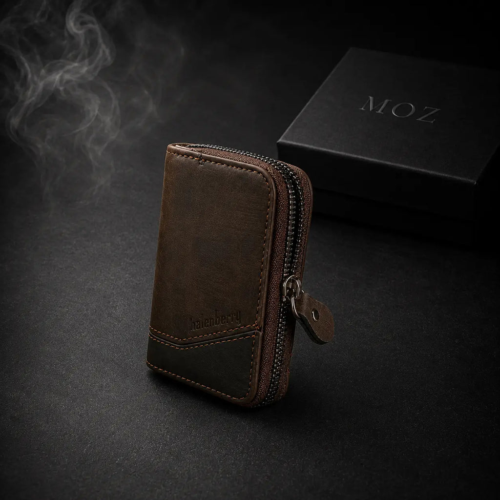 Brown and black two-tone zip card pouch with keyring clip and MOZ gift box