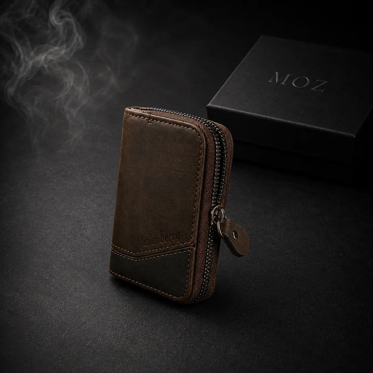 Brown and black two-tone zip card pouch with keyring clip and MOZ gift box