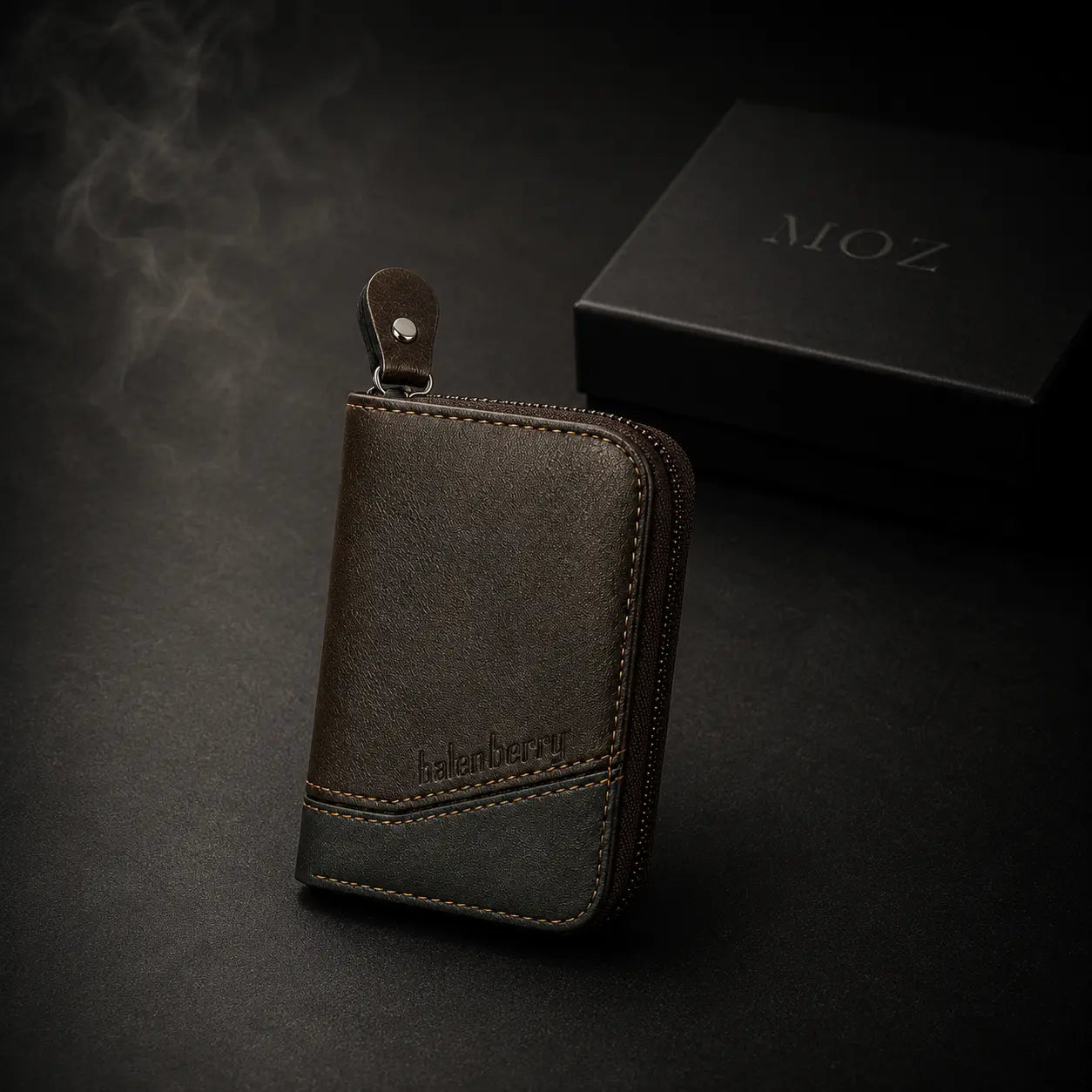 Dark brown and olive two-tone zip card pouch with keyring clip and MOZ gift box