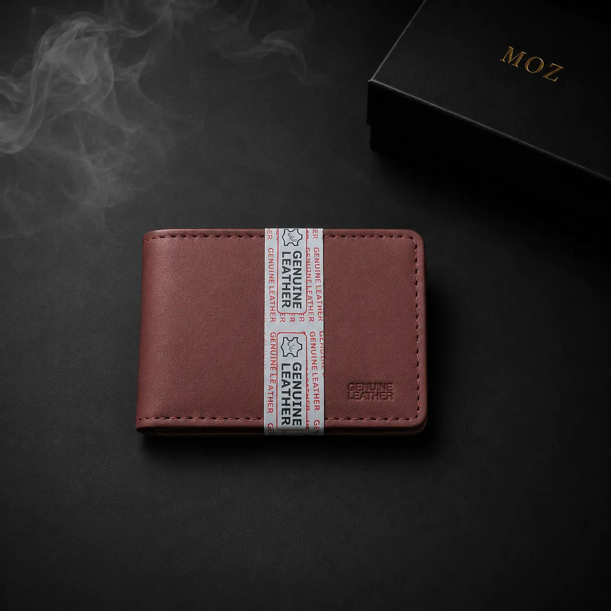 Maroon minimalist bifold wallet with MOZ gift box