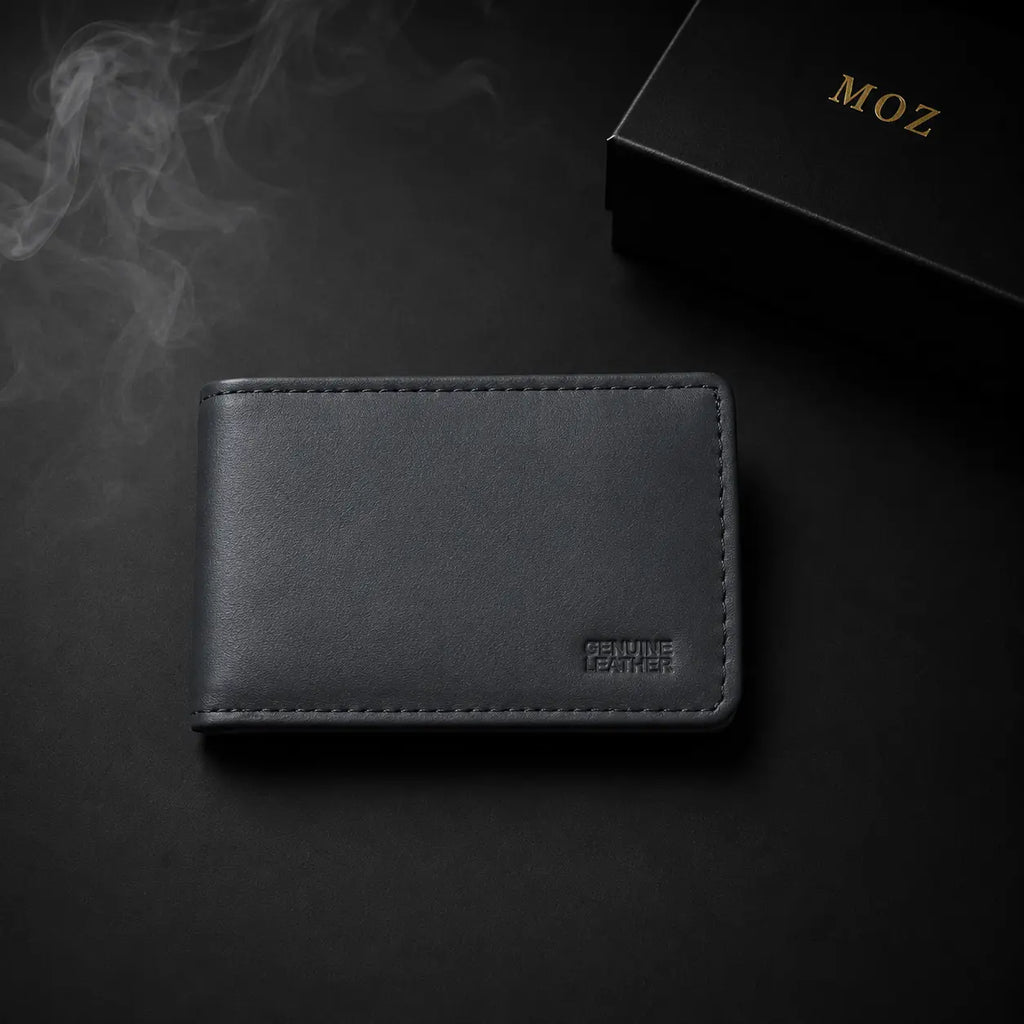 Black minimalist bifold wallet with MOZ gift box