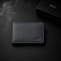 Black minimalist bifold wallet with MOZ gift box