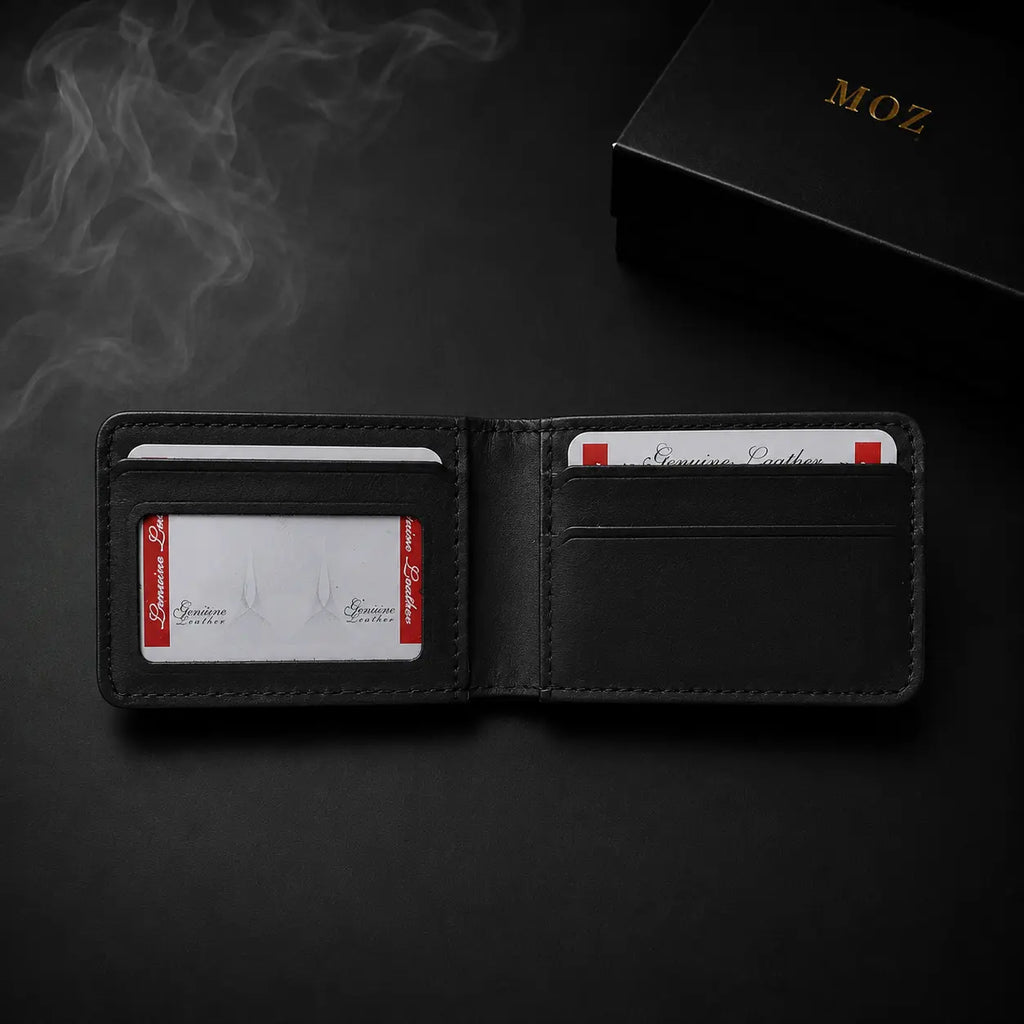 Black bifold wallet open showing ID window and card slots