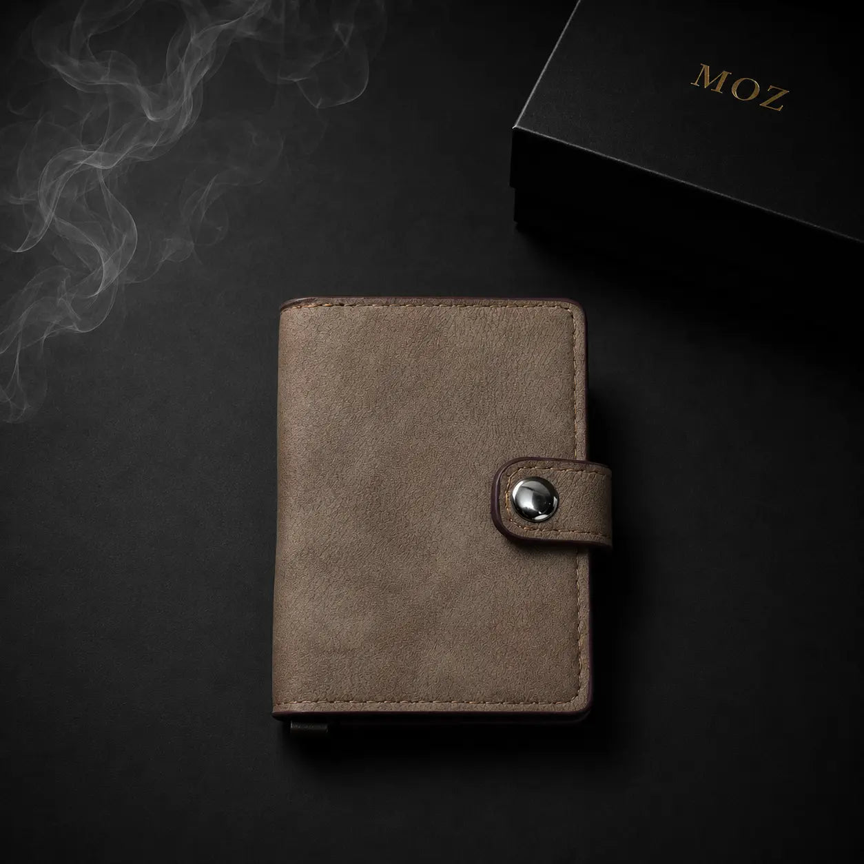 Taupe pop-up card holder wallet with MOZ gift box