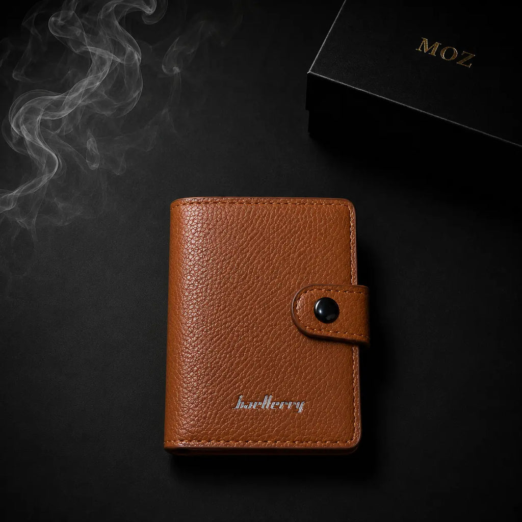 Tan pop-up card holder wallet with baellerry branding and MOZ gift box
