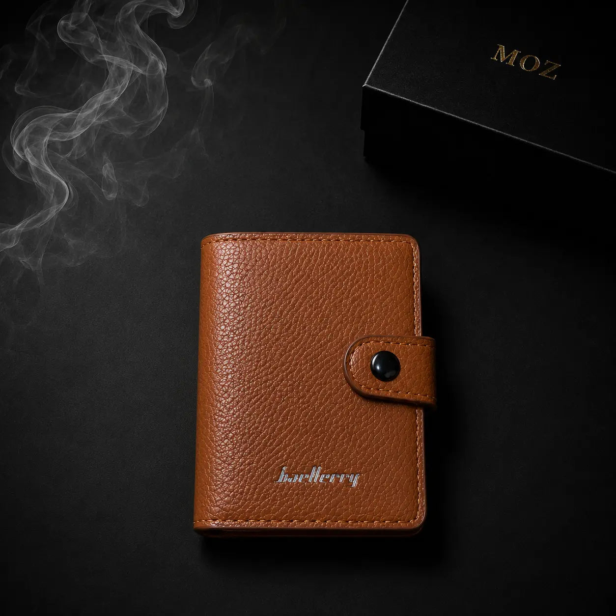 Tan pop-up card holder wallet with baellerry branding and MOZ gift box