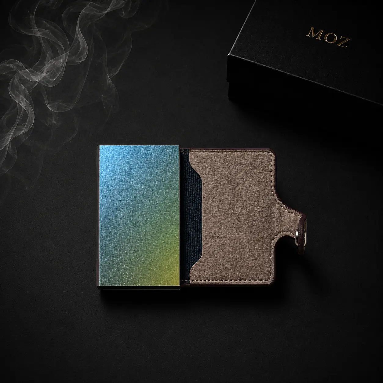 Card holder wallet open showing metal pop-up slider mechanism