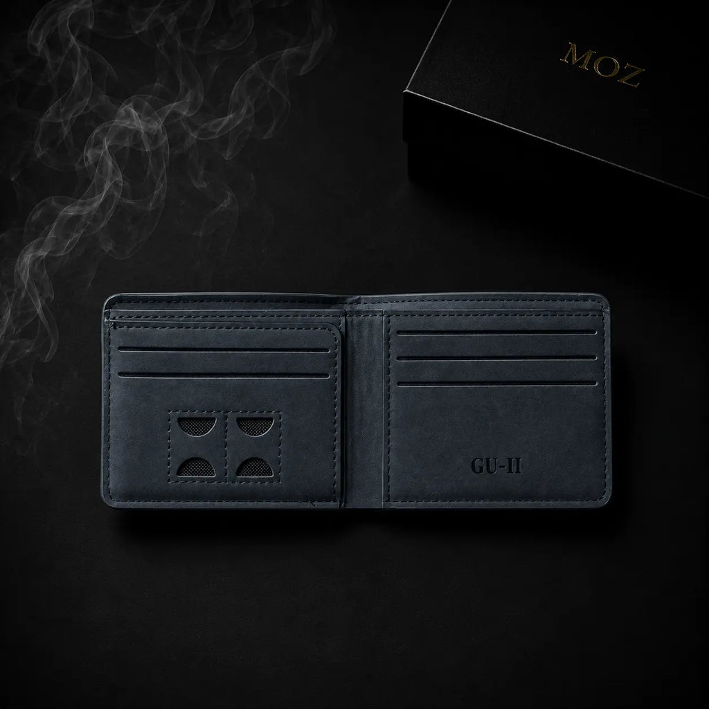 Black bifold wallet open showing card slots and coin pocket