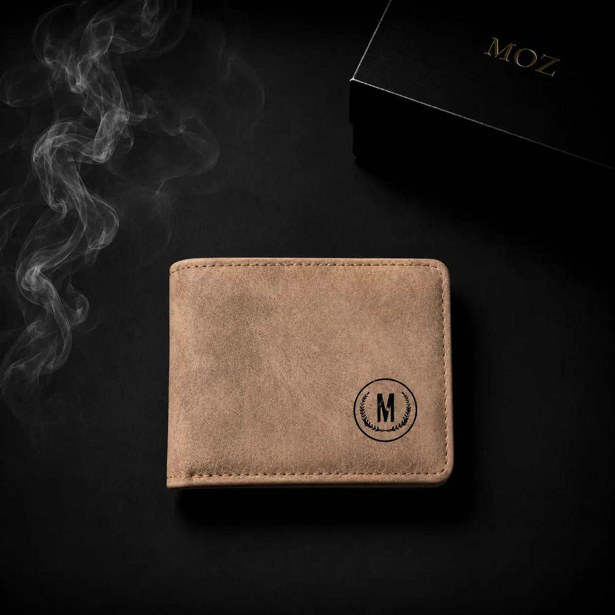 Tan bifold wallet with embossed M emblem and MOZ gift box