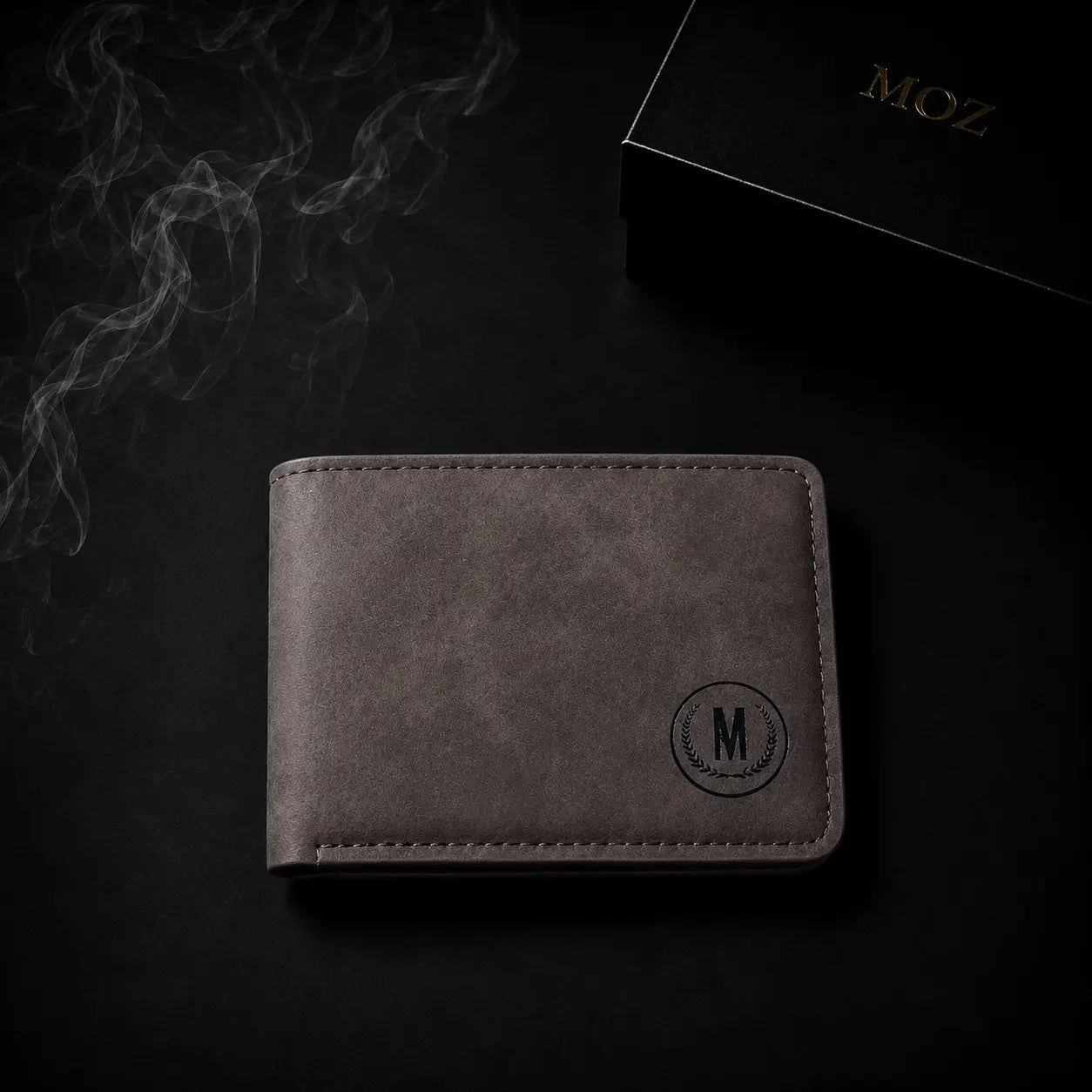 Grey bifold wallet with embossed M emblem and MOZ gift box