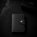 Black snap-button card holder wallet with MOZ gift box