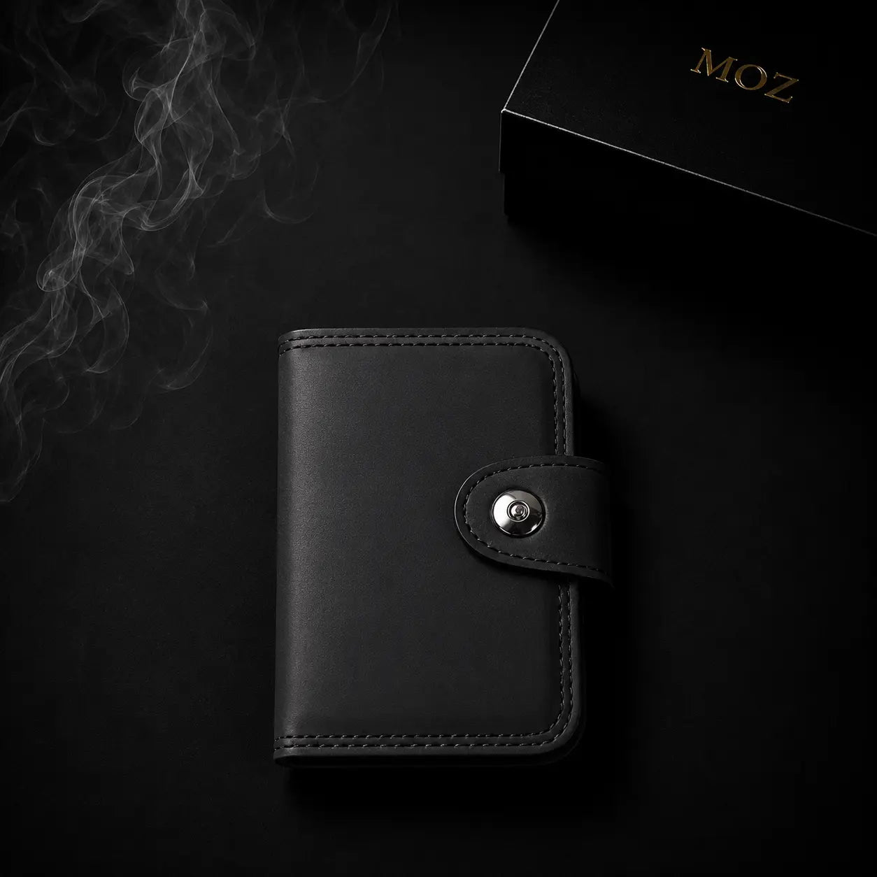 Black snap-button card holder wallet with MOZ gift box