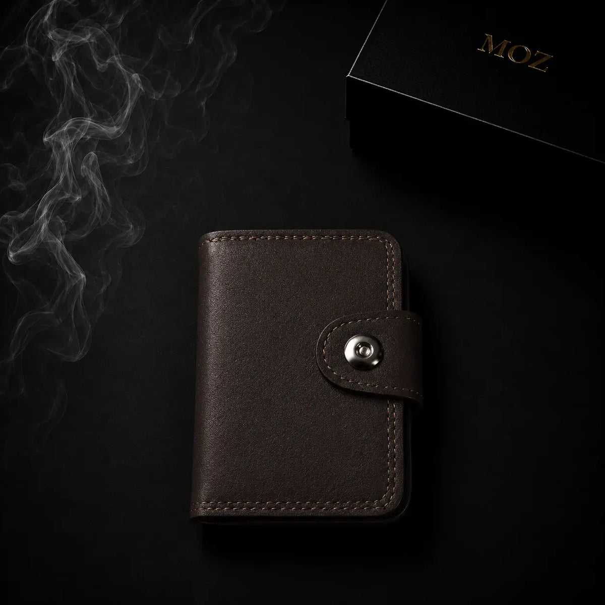 Dark brown snap-button card holder wallet with MOZ gift box