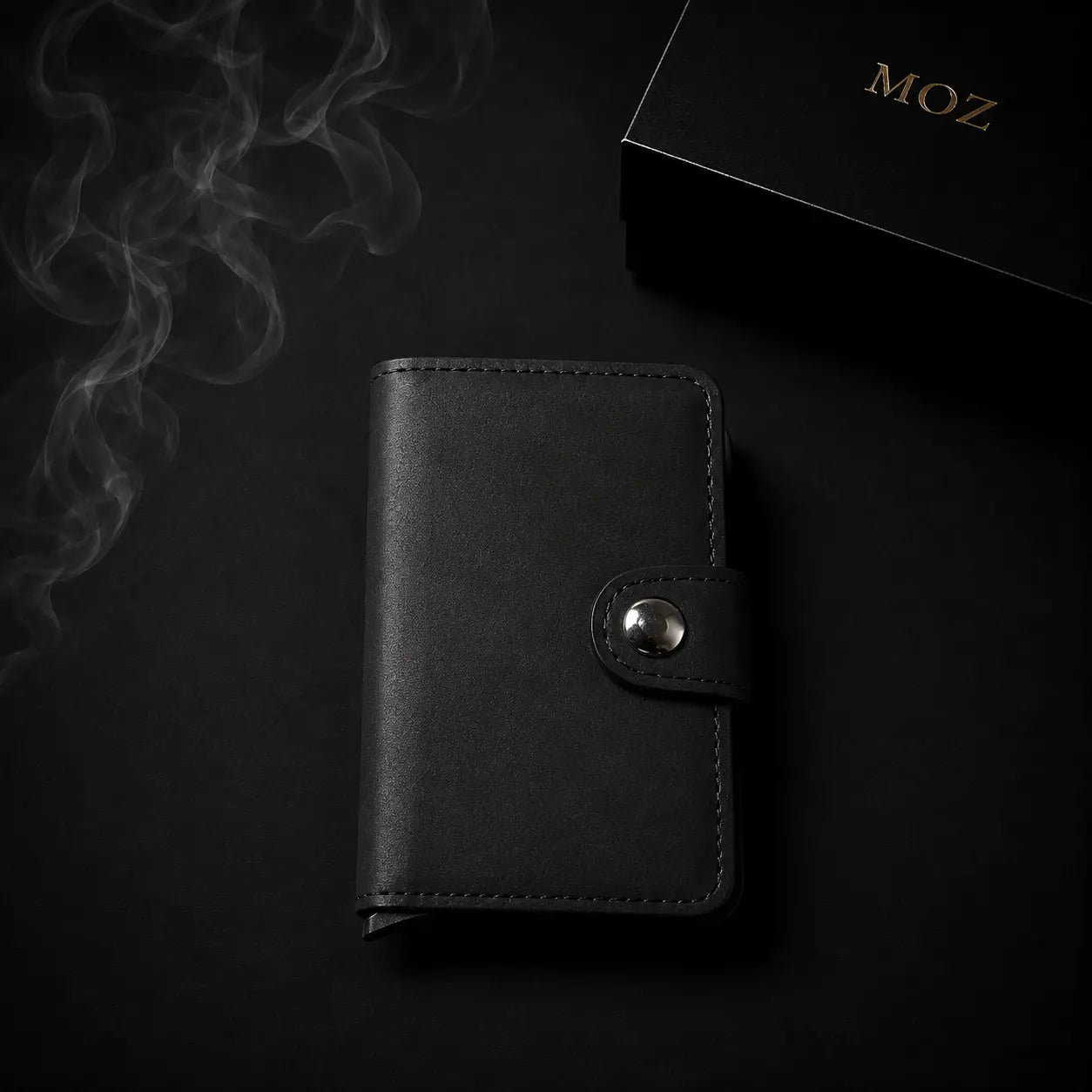 Black pop-up card holder wallet with MOZ gift box