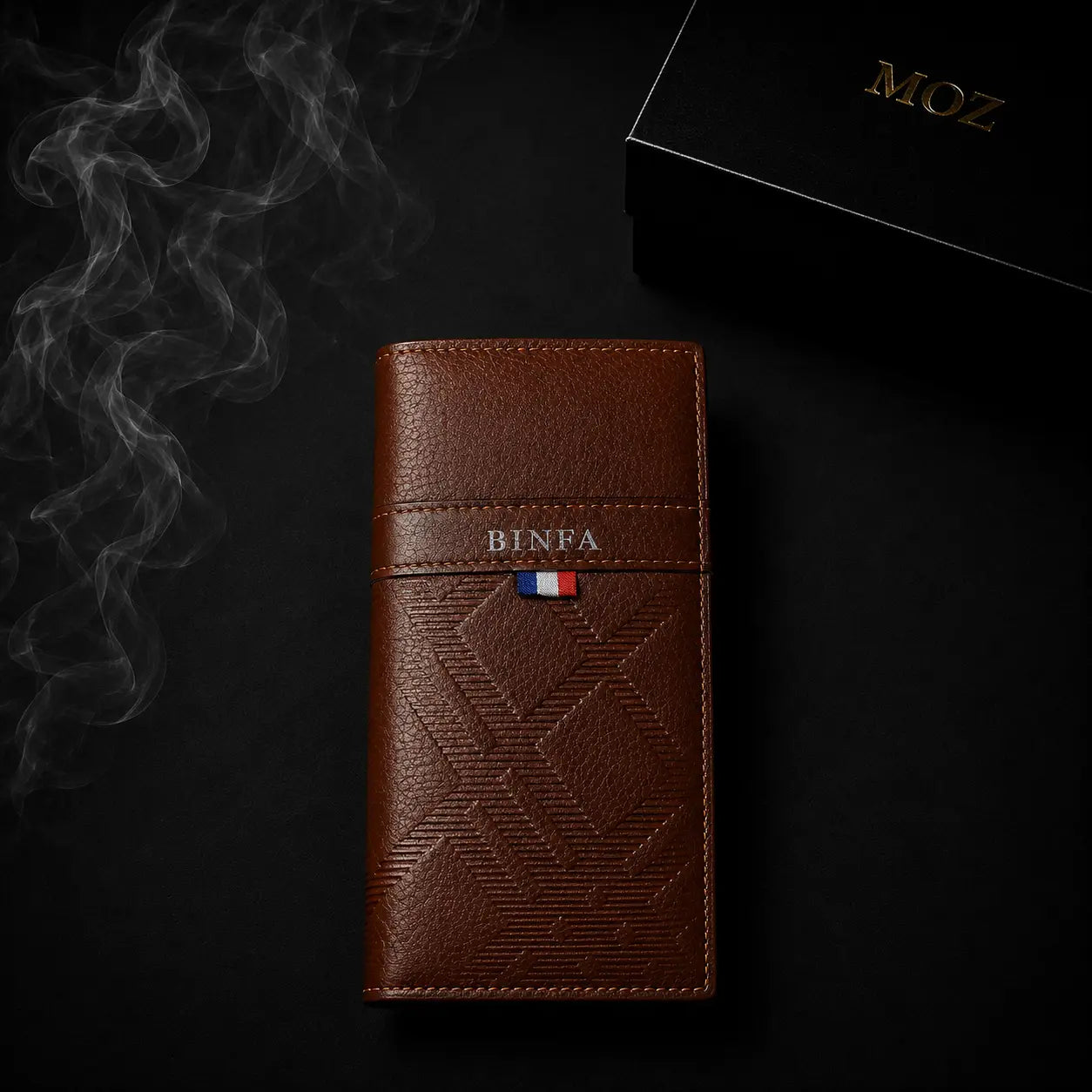 Tan textured long wallet with tricolor tab and MOZ gift box