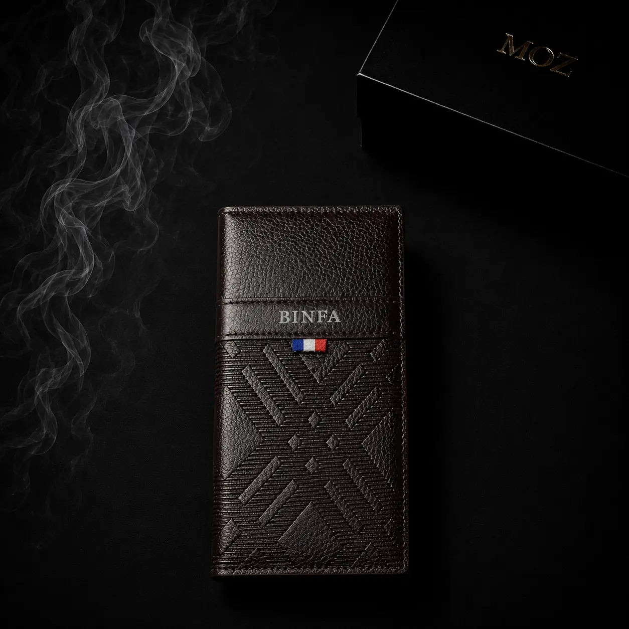Dark brown textured long wallet with tricolor tab and MOZ gift box