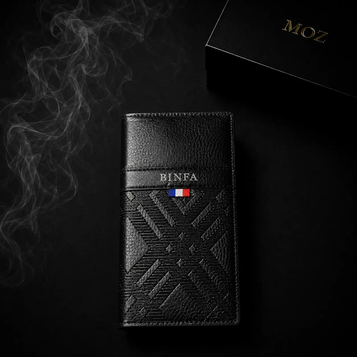 Black textured long wallet with tricolor tab and MOZ gift box