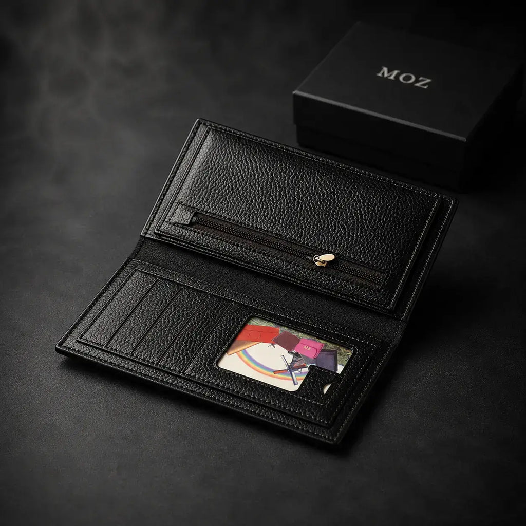 Black long wallet open showing zip pocket, card slots, and ID window
