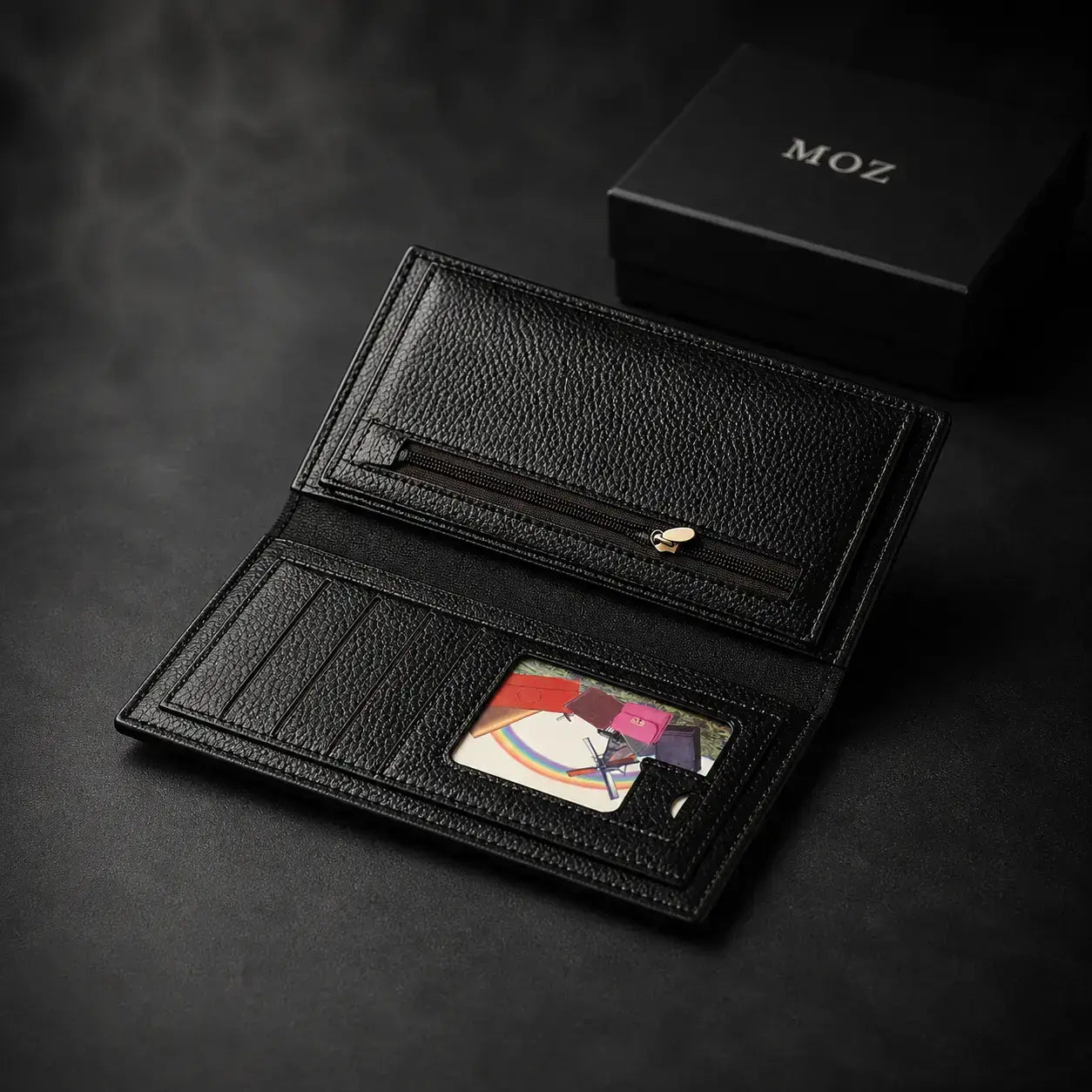 Black long wallet open showing zip pocket, card slots, and ID window