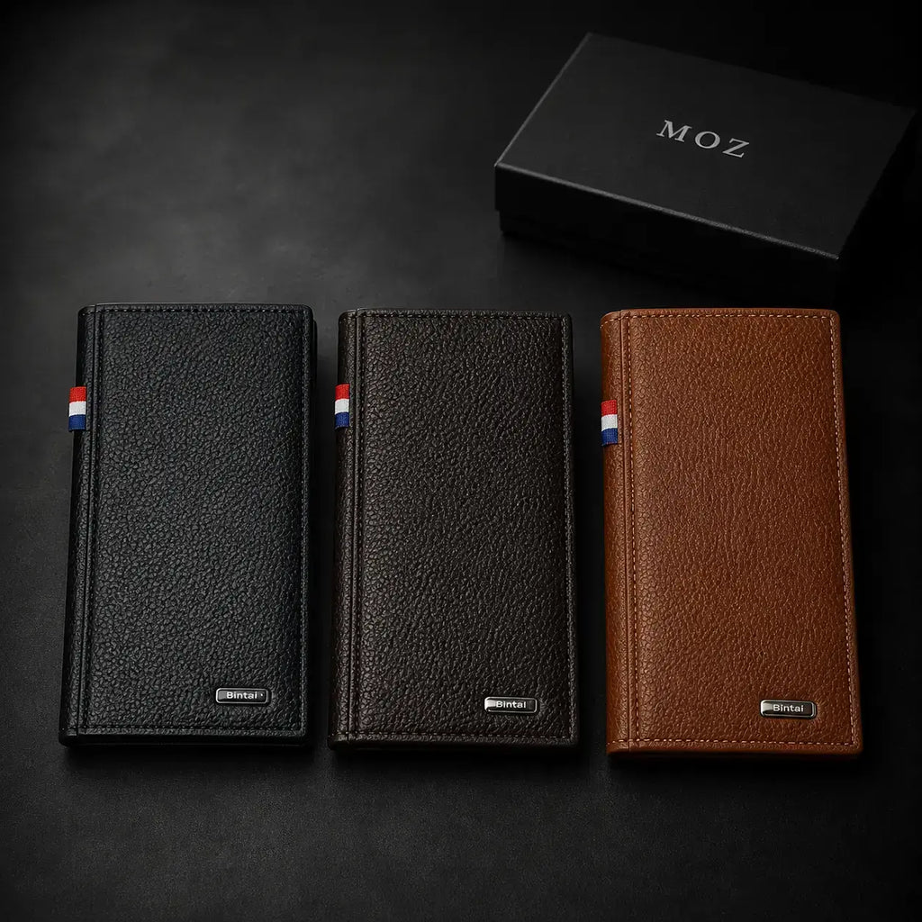 Black, dark brown, and camel textured long wallets with MOZ gift box