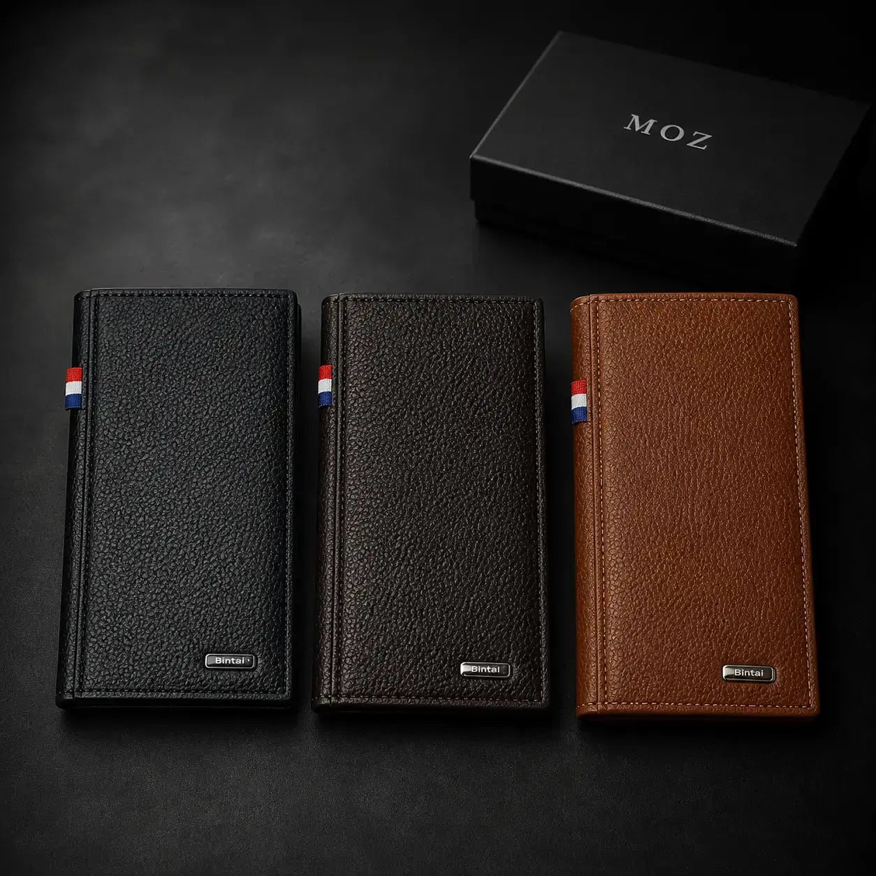 Black, dark brown, and camel textured long wallets with MOZ gift box
