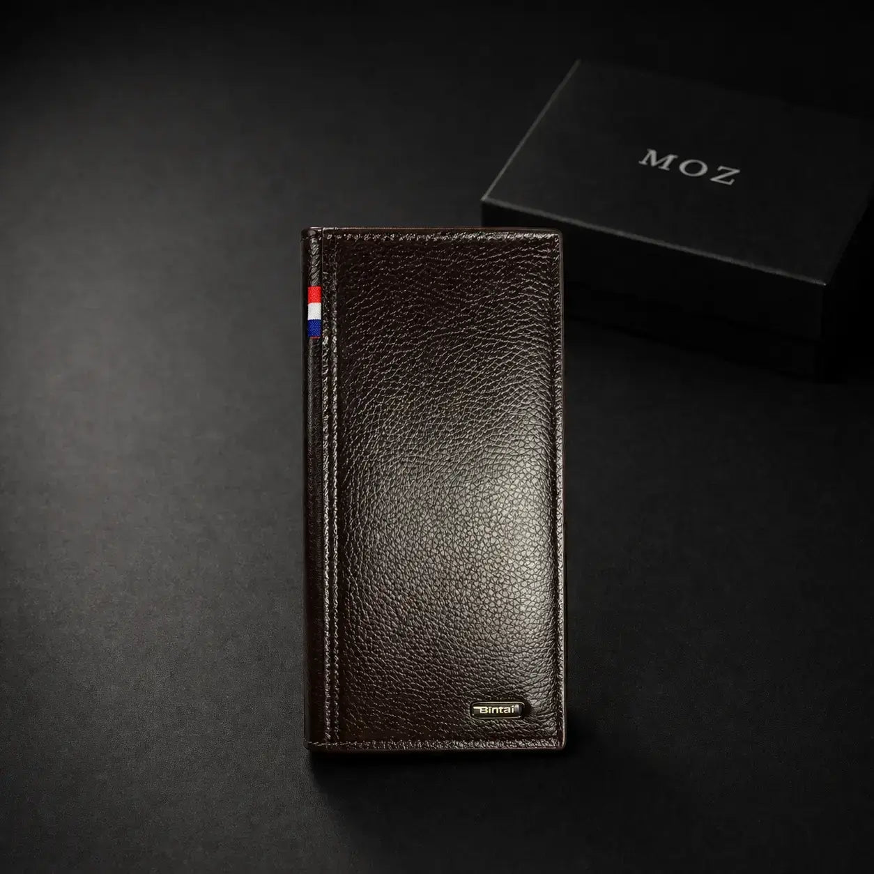Dark brown textured leather long wallet with side stripe detail