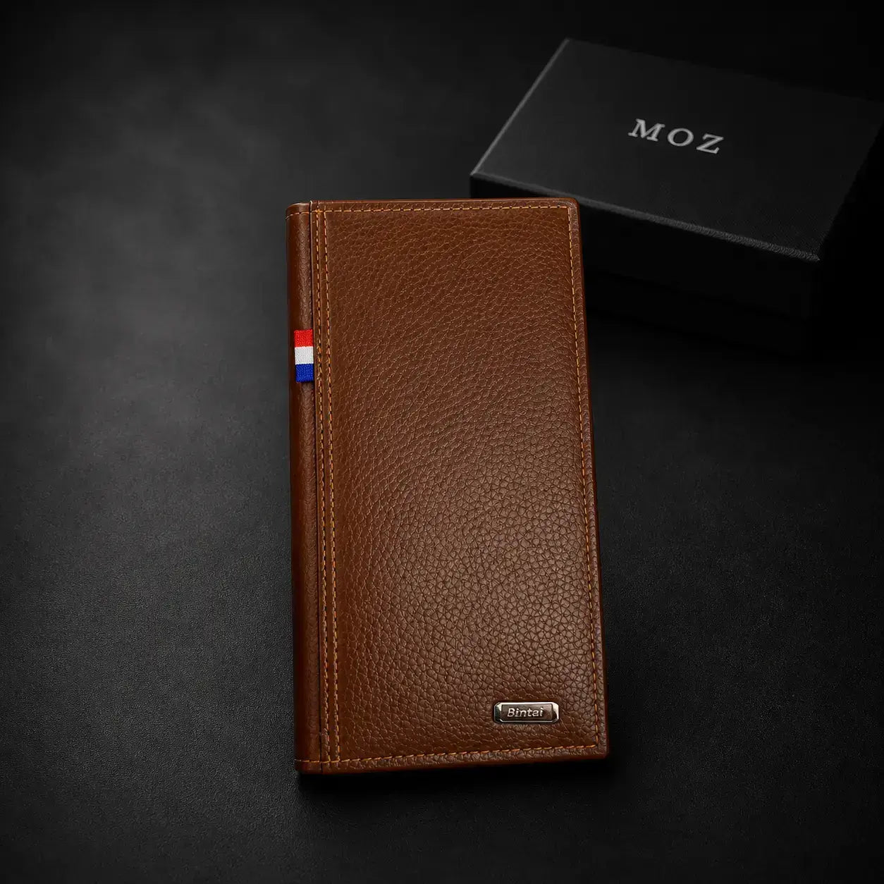 Camel textured leather long wallet with side stripe detail