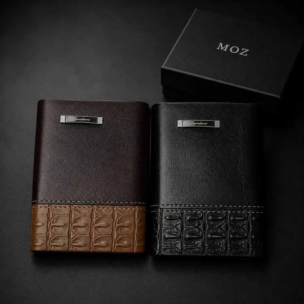 Black and brown trifold wallets with croc-embossed panel and MOZ gift box