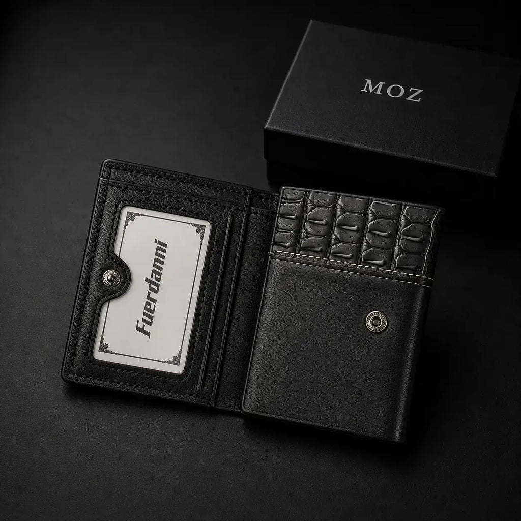 Black trifold wallet open showing croc-embossed card slot panel