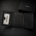 Black trifold wallet fully open showing ID window and card slots