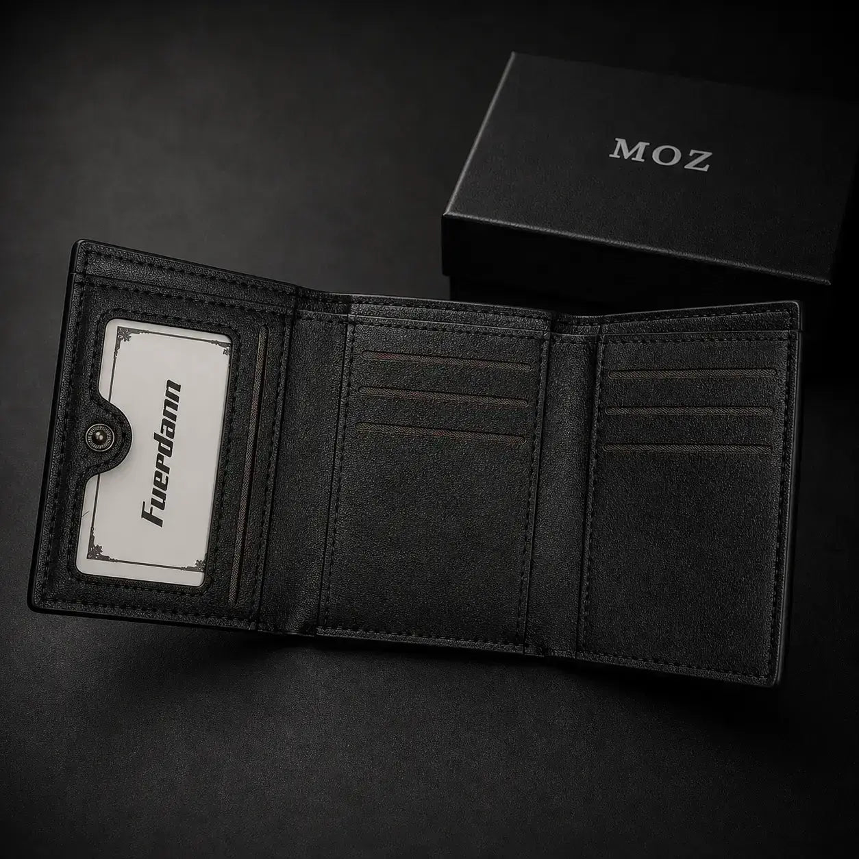 Black trifold wallet fully open showing ID window and card slots