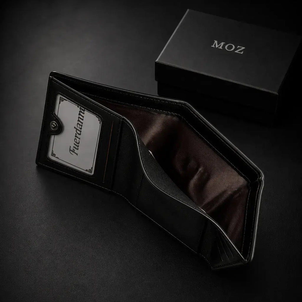 Black trifold wallet open showing ID window and snap closure