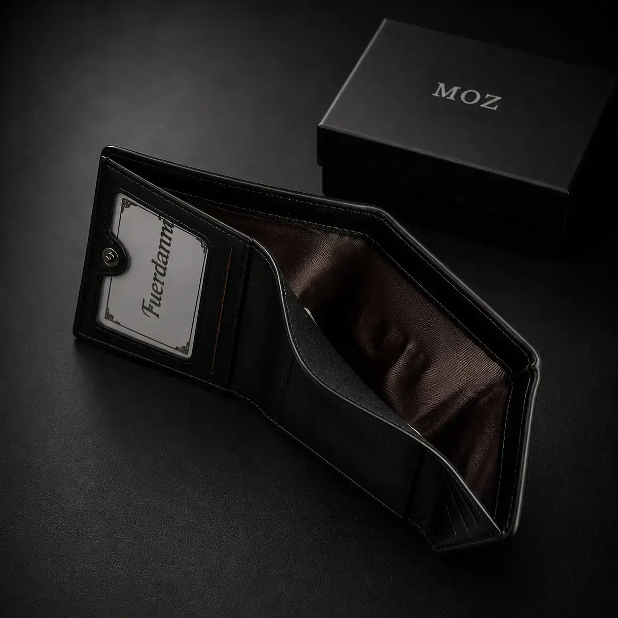 Black trifold wallet open showing ID window and snap closure