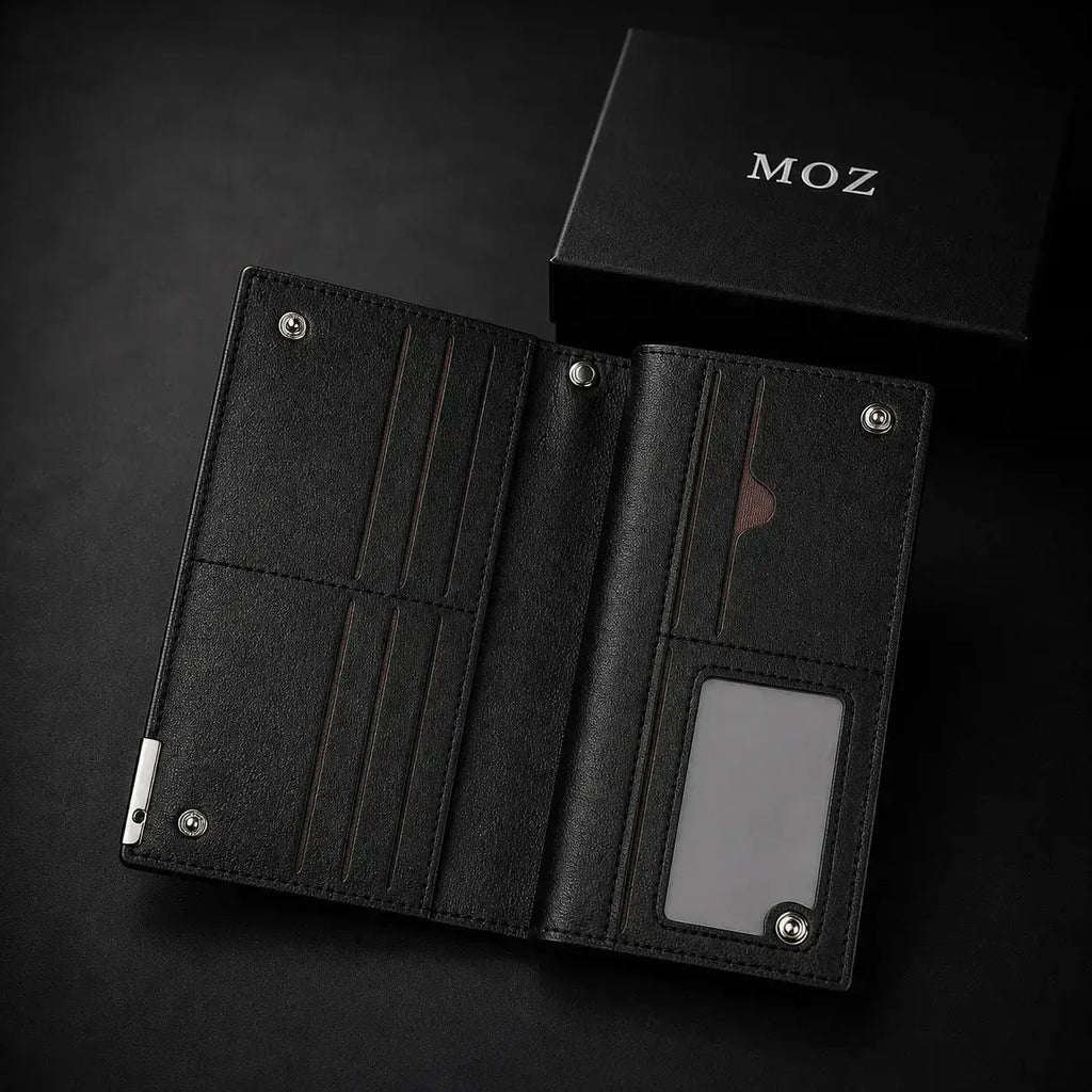 Black zip-around wallet open showing card slots and ID window