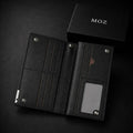 Black zip-around wallet open showing card slots and ID window