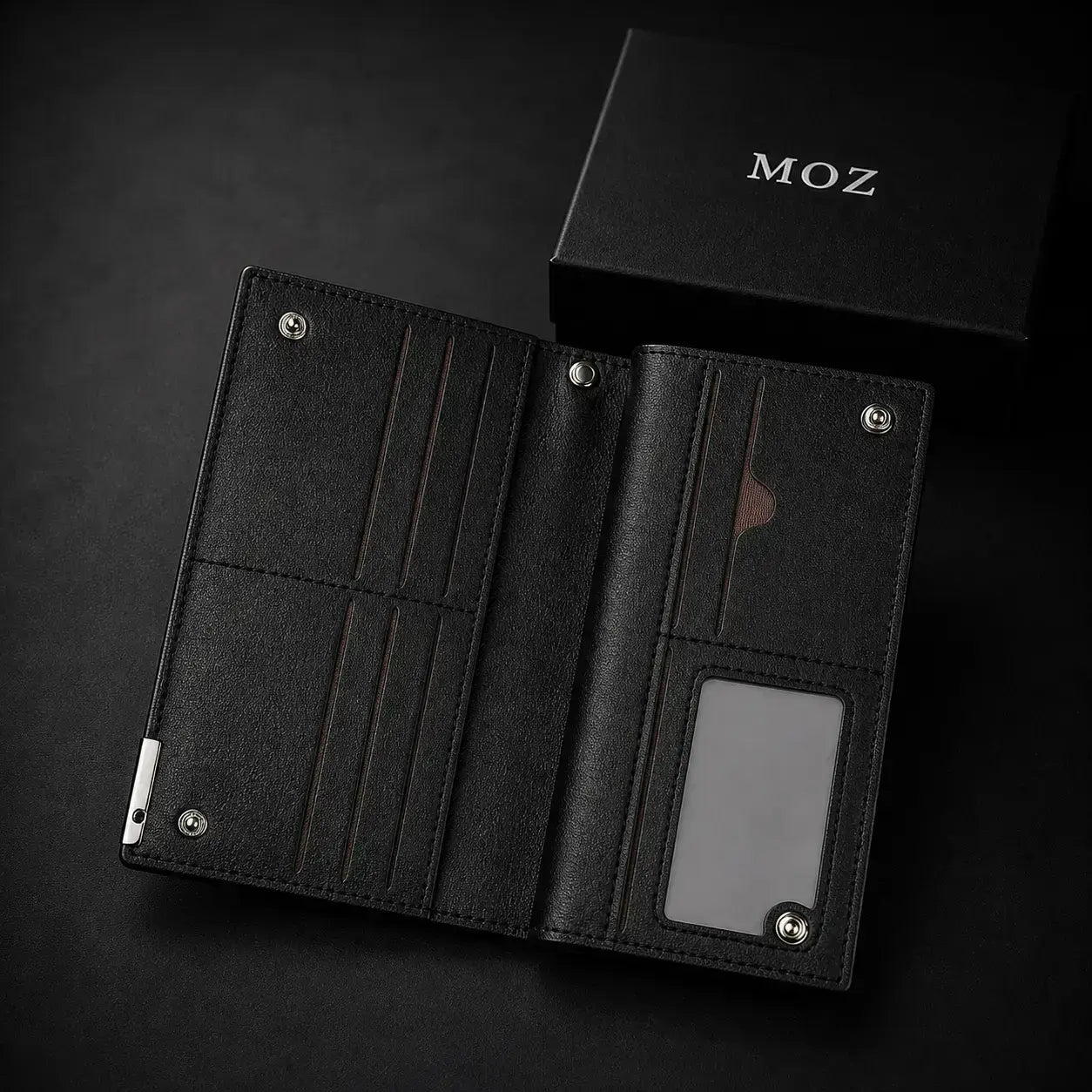 Black zip-around wallet open showing card slots and ID window