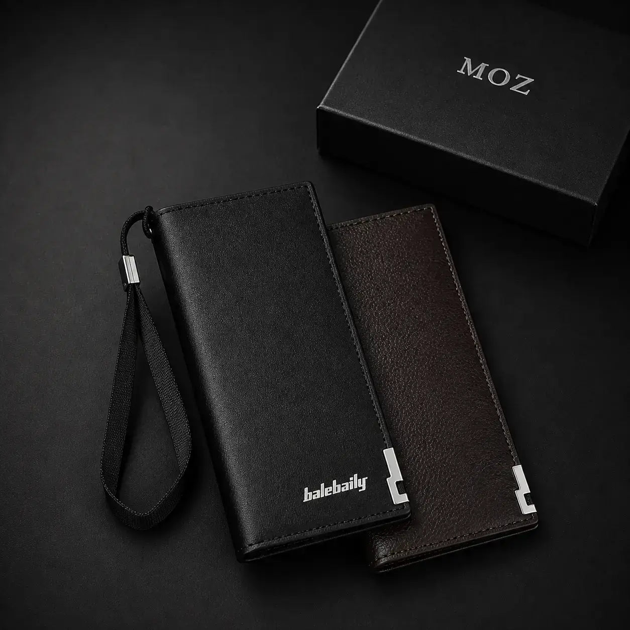 Black and dark brown zip-around wallets shown with wrist strap