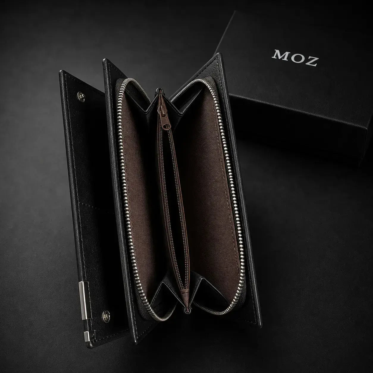 Zip-around wallet open showing interior compartment lining