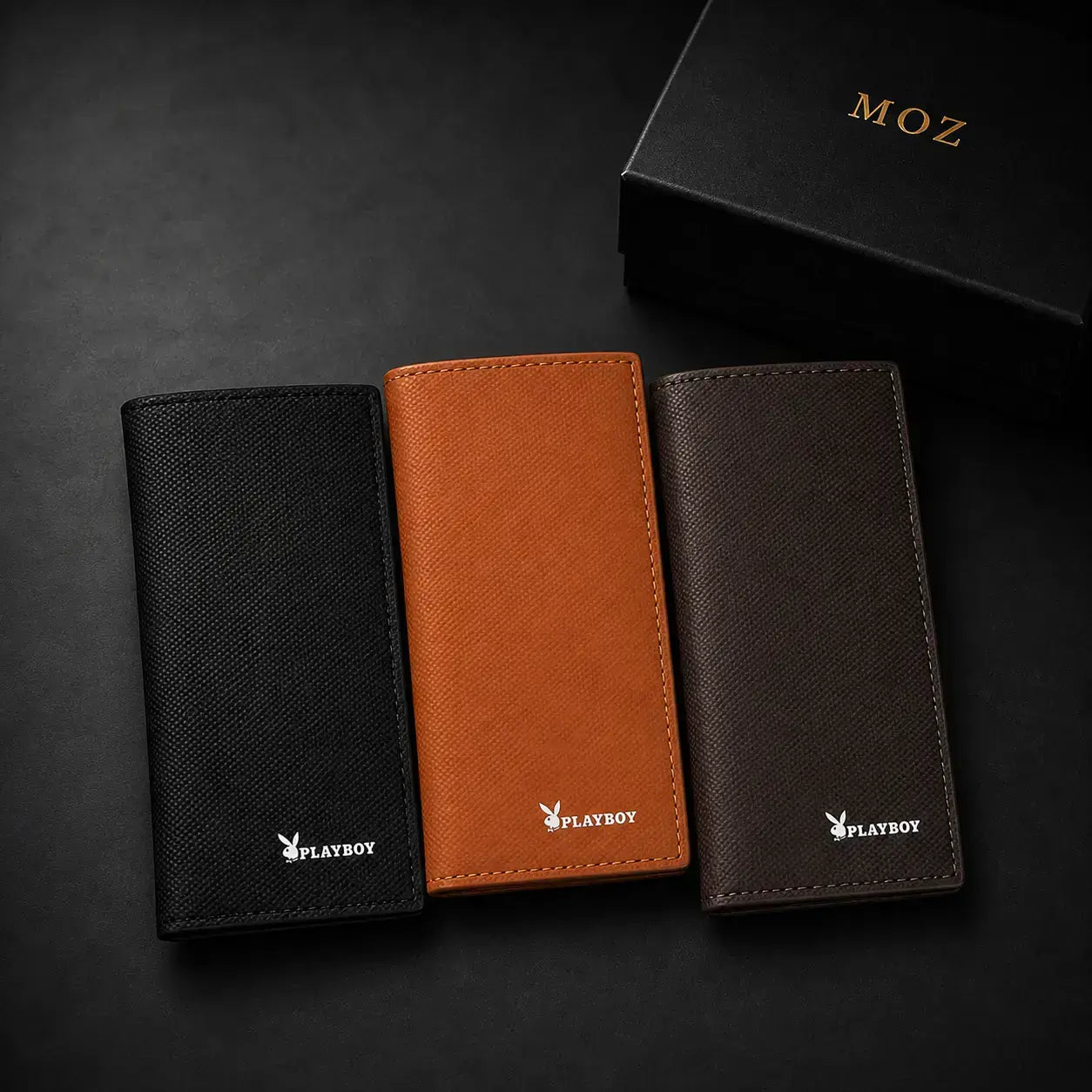 Black, camel, and dark brown bifold wallets with MOZ gift box
