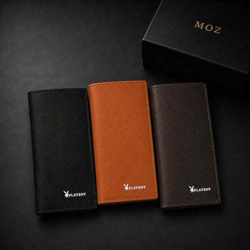Black, camel, and dark brown bifold wallets with MOZ gift box