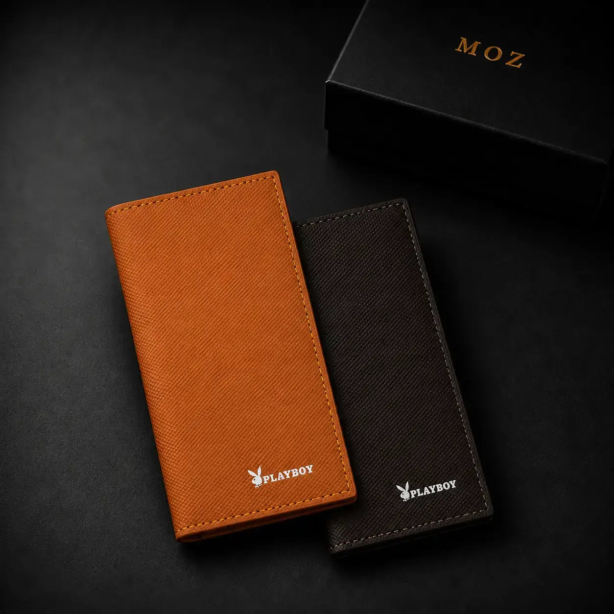 Camel and dark brown bifold wallets shown together