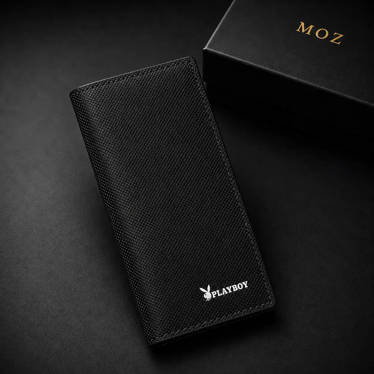 Black bifold wallet showing crosshatch texture