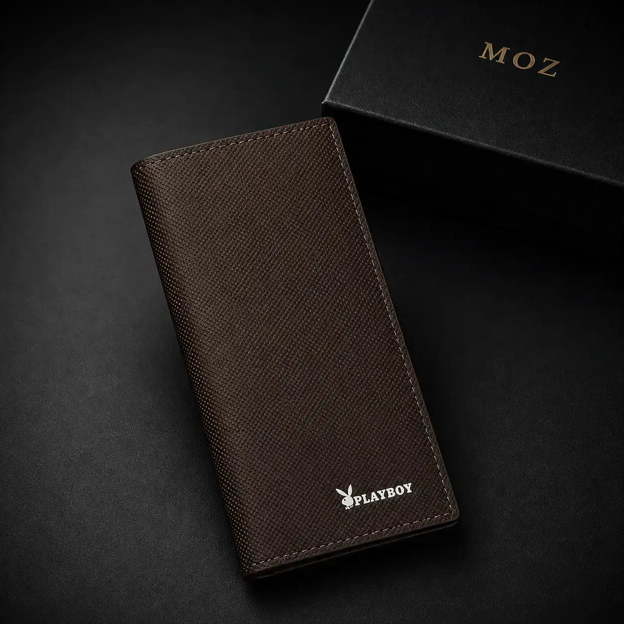 Dark brown bifold wallet showing crosshatch texture