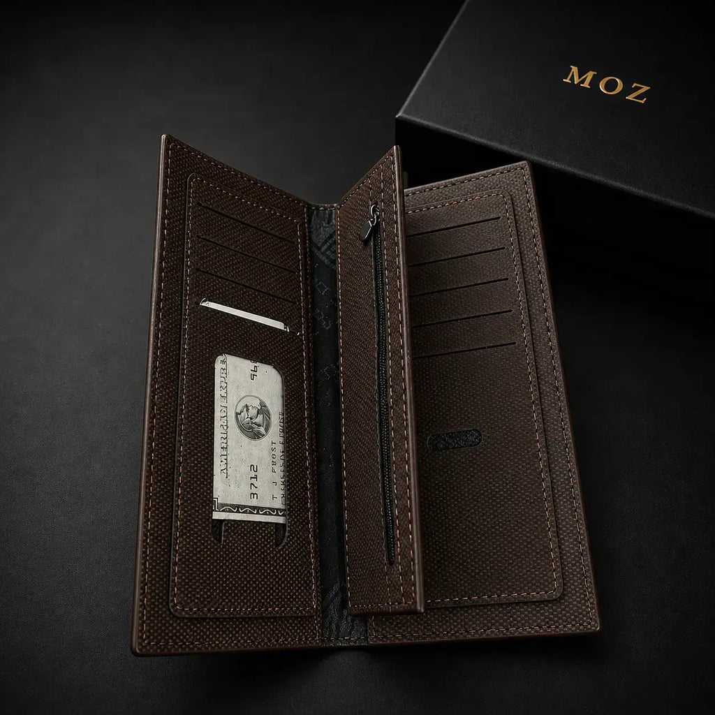 Dark brown bifold wallet open showing card slots and cash clip