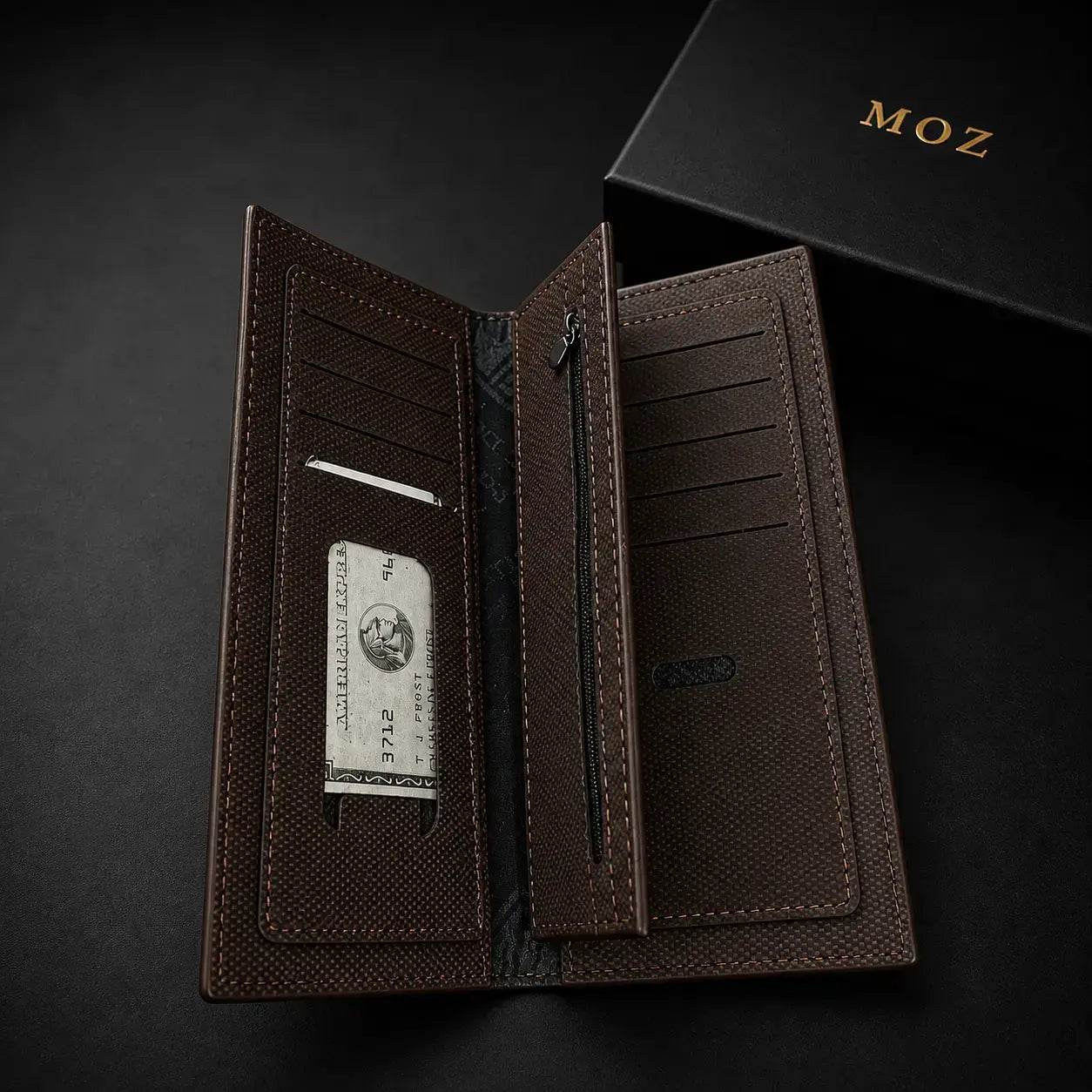 Dark brown bifold wallet open showing card slots and cash clip
